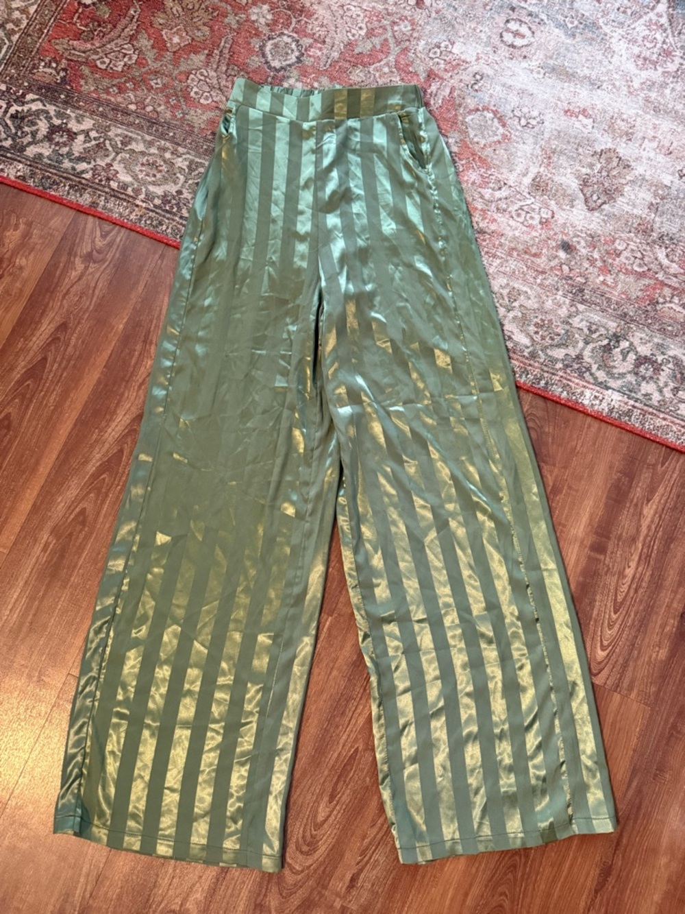 Satin Stripe Wide-Leg Pants — Green